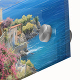 Close-up of a vibrant acrylic glass wall art piece depicting a serene seascape, showcasing rich blues and greens, ideal for coastal-themed decor.