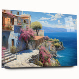 Acrylic glass wall art design showcasing a serene seascape in vibrant blues and greens, displayed from a side view without pins, perfect for coastal decor.