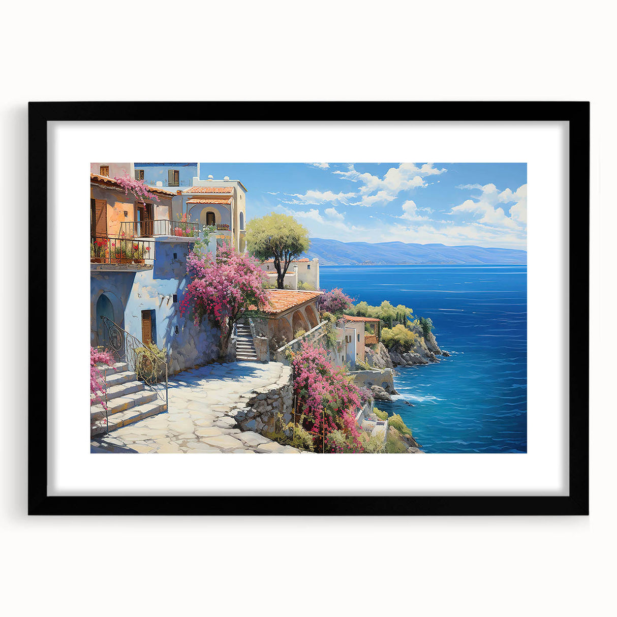 Framed wall art featuring a stunning seascape design with vibrant blue tones, showcased with a sleek black frame and a decorative mat, perfect for home decor.