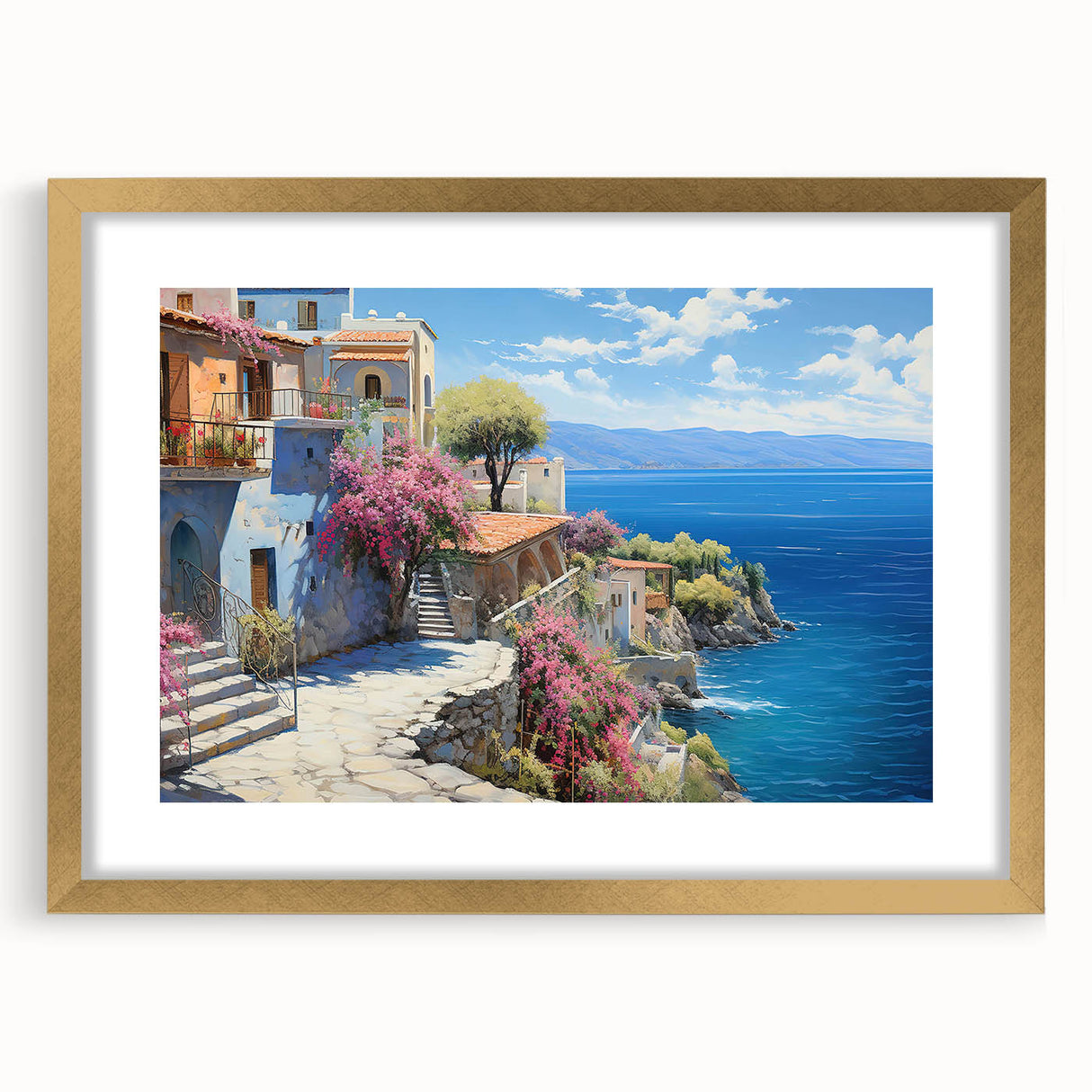 Elegant gold-framed wall art featuring a serene seascape design, showcasing calming ocean waves and soft pastel colors, perfect for home decor enhancement.