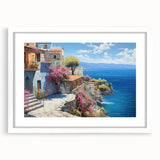 Framed wall art collection showcasing serene seascapes and landscapes, featuring a white mat and sleek frame, ideal for home decor enhancement.