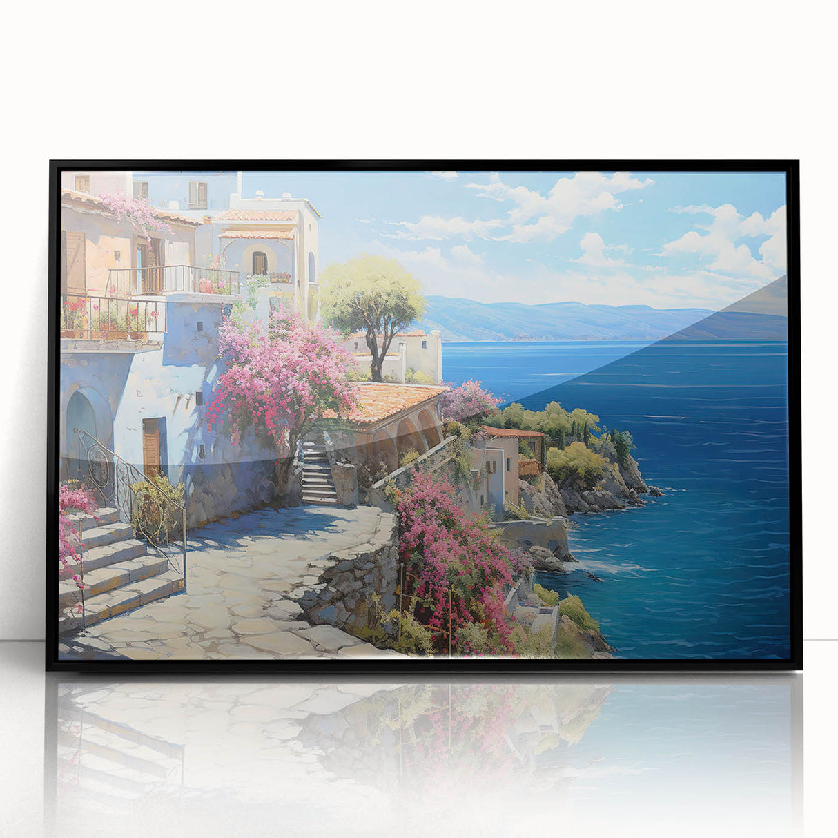 Framed acrylic wall art from the Landscapes & Seascapes collection, showcasing a vibrant coastal scene with rich blues and greens, perfect for home decor.
