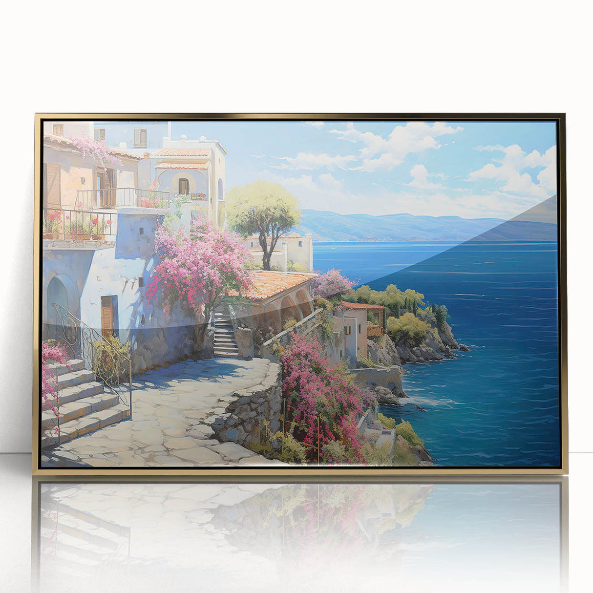 Framed acrylic wall art featuring a serene seascape design with gold accents, showcasing tranquil ocean waves and a coastal sunset in an elegant setting. Perfect for enhancing modern home decor.