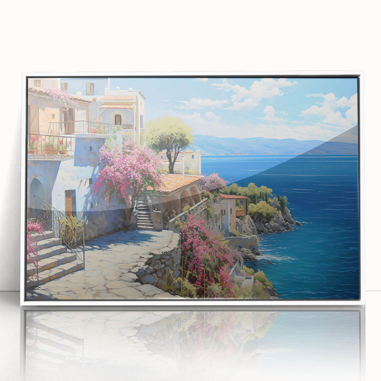 Framed acrylic wall art depicting a serene seascape design, showcasing calming blue and white tones, ideal for coastal home decor. Perfect for enhancing modern interiors.