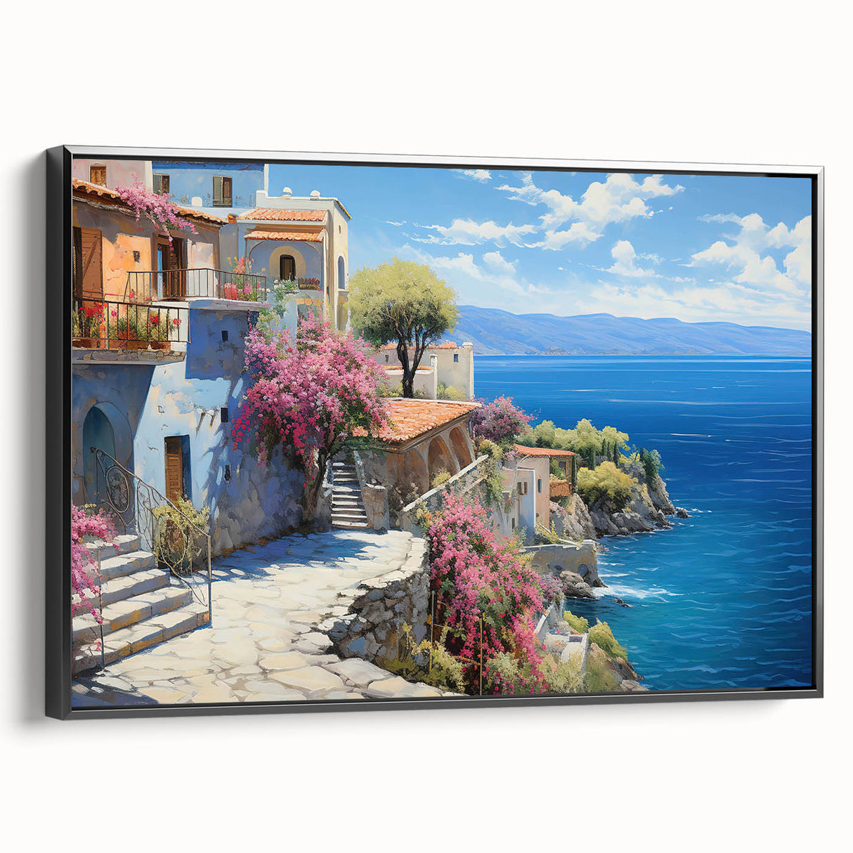 Framed canvas wall art showcasing a serene seascape design with calming blue tones, elegantly displayed from the side to highlight its modern black frame and texture.