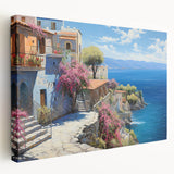 Stretched canvas wall art showcasing a serene seascape design with vibrant blues and gentle waves, ideal for coastal home decor. Perfect for adding tranquility and style to any room.