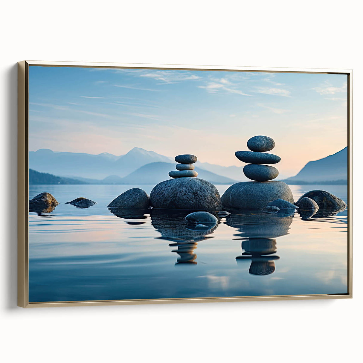 Framed canvas wall art showcasing a stunning seascape design with vibrant colors, featuring a gold frame and side view for elegant home decor enhancement.
