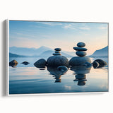 Framed canvas wall art collection showcasing serene seascapes and landscapes, displayed in a sleek white frame, perfect for enhancing modern home decor.