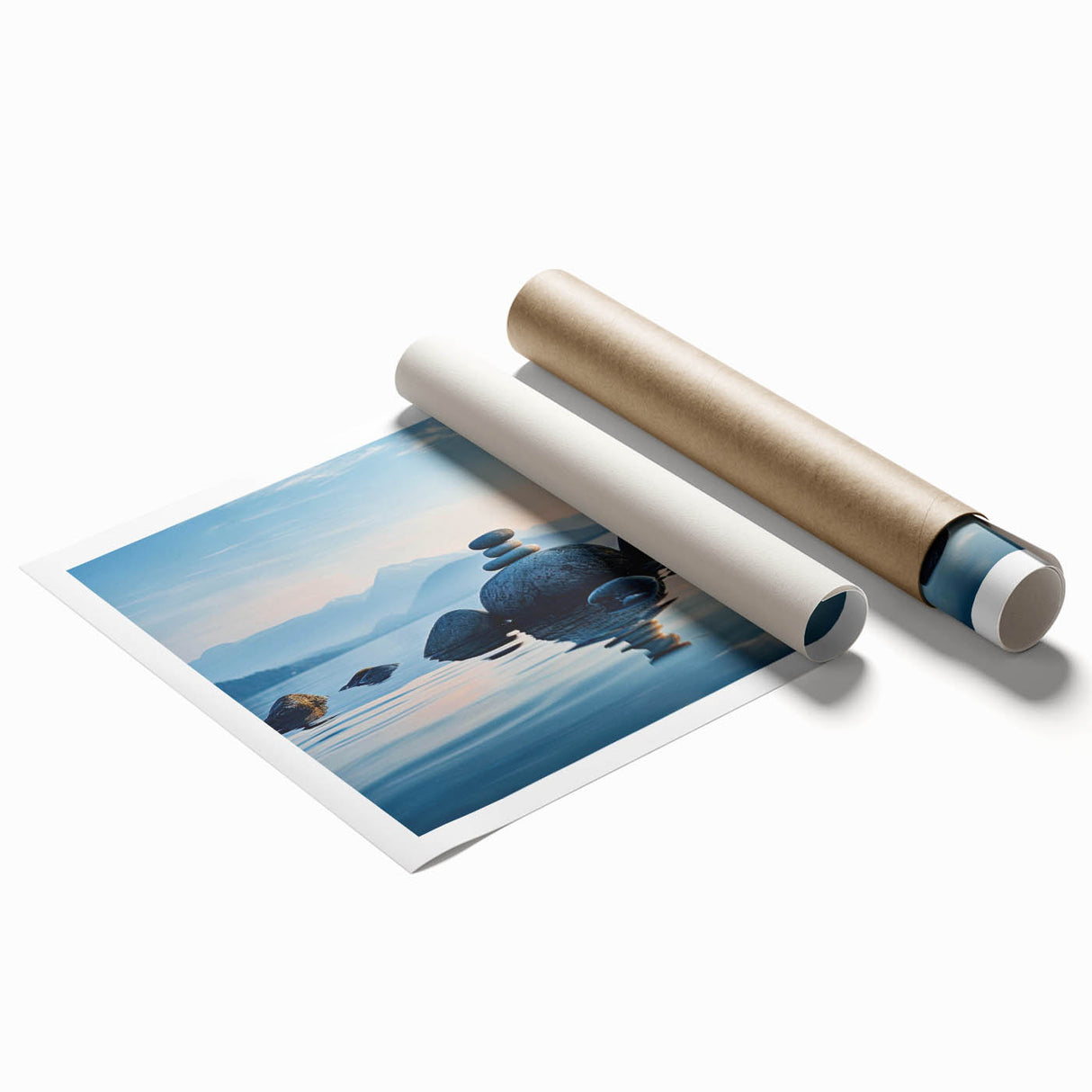 Stunning rolled print of a serene seascape, showcasing vibrant blues and soft cloud details, ideal for home decor. Perfect for adding tranquility to any space.