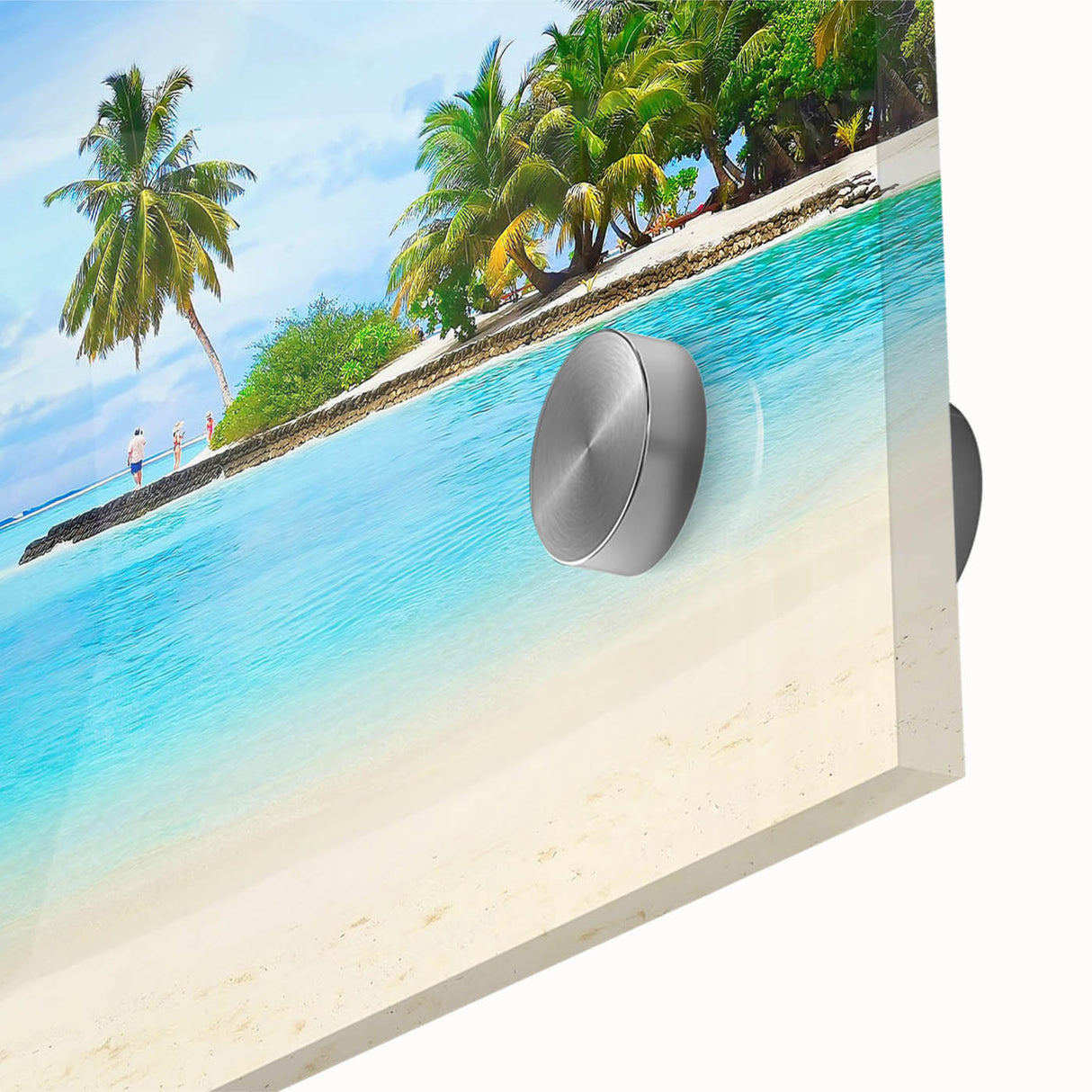 Close-up view of a vibrant acrylic wall art piece showcasing an abstract seascape design, featuring swirling blues and greens, perfect for modern home decor.
