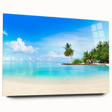 Acrylic glass wall art design showcasing a stunning seascape landscape, viewed from the side, highlighting vibrant colors and intricate details, perfect for home decor.