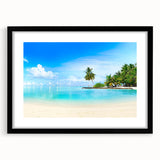 Framed wall art showcasing a serene seascape design in a black frame with a white mat, perfect for enhancing modern home decor, emphasizing tranquility and elegance.