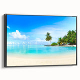 Framed canvas wall art from the Landscapes & Seascapes collection, showcasing a serene ocean view with vibrant blue hues and a sleek black frame, ideal for home decor.
