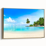 Framed canvas wall art from the Landscapes & Seascapes collection, showcasing a serene coastal scene with vibrant blues and gold accents, ideal for home decor.