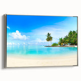 Framed canvas wall art showcasing a serene seascape design with a silver frame, ideal for coastal-themed decor. Perfect for enhancing living spaces.