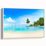 Framed canvas wall art showcasing a scenic seascape design with calm blue waters and soft sunset hues, presented in a stylish white frame, perfect for home decor.