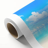 Rolled canvas showcasing a serene seascape design with vibrant blues and soft waves, perfect for coastal decor; presented in a protective cardboard tube.