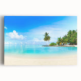 Stretched canvas wall art showcasing a serene seascape design with vibrant blues and soft whites, ideal for coastal home decor, adding tranquility to any room.