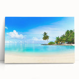 Stretched canvas artwork showcasing a serene seascape design, featuring soft blue and green hues. Ideal for coastal-themed decor, this piece leans elegantly against a neutral wall, enhancing any living space with a tranquil ambiance. Perfect for art lovers looking to elevate their home aesthetics.