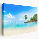 Stretched canvas wall art from the Landscapes & Seascapes collection showcasing a serene coastal scene with vibrant blues and greens, ideal for home decor.
