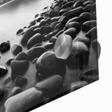 Close-up of a vibrant acrylic glass wall art piece featuring a serene seascape, showcasing calming blues and greens, perfect for coastal home decor.