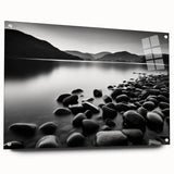 Acrylic glass wall art showcasing a vibrant seascape design, featuring blue and green ocean waves and a serene coastal view, elegantly displayed with pins on a wooden surface. Ideal for home decor enthusiasts seeking coastal inspiration.