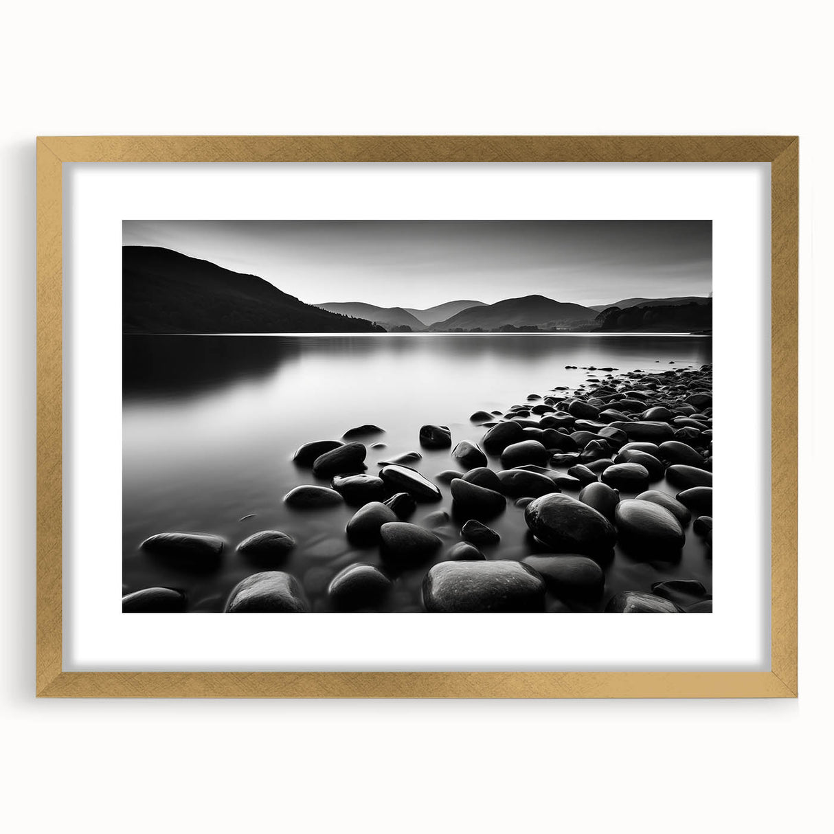 Elegant gold-framed wall art featuring a serene seascape landscape design with soft blue and white tones, perfect for enhancing any modern home decor setting.