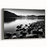 Framed canvas wall art showcasing a serene seascape design, featuring calming blues and silvers, perfect for enhancing modern home decor aesthetics.