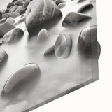 Close-up view of a vibrant acrylic glass wall art piece showcasing a serene seascape design, featuring calming blues and whites, ideal for modern coastal decor.