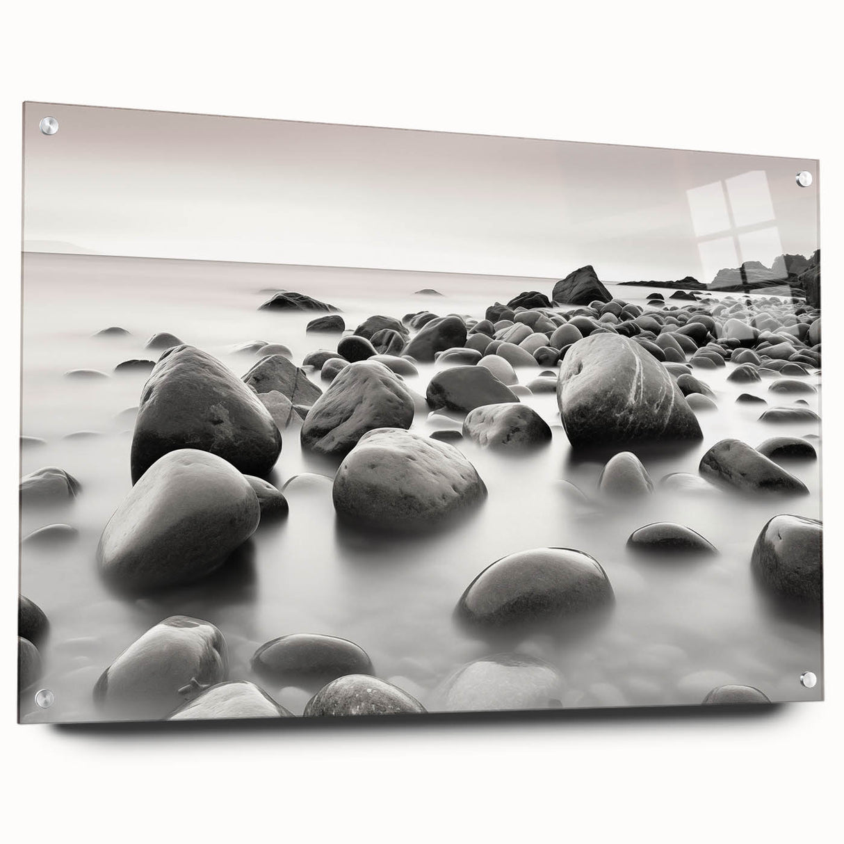 Acrylic glass wall art collection piece showcasing a vibrant seascape design with intricate details, framed elegantly, emphasizing its modern aesthetic and colorful hues.