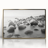 Framed acrylic wall art featuring a serene seascape design with gold accents, showcasing gentle waves and a calming blue color palette, ideal for modern home decor.