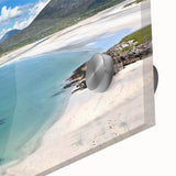 Close-up of a stunning wall art collection showcasing vibrant seascapes and landscapes printed on acrylic glass, highlighting rich colors and intricate details. Perfect for home decor enthusiasts seeking a modern artistic touch.