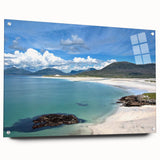Acrylic glass wall art collection showcasing vibrant seascape design with a side view highlighting colorful coastal elements and modern pin mounting.