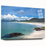 Acrylic glass wall art collection showcasing vibrant seascapes, elegantly displayed from a side view, highlighting rich colors and intricate details ideal for coastal decor.