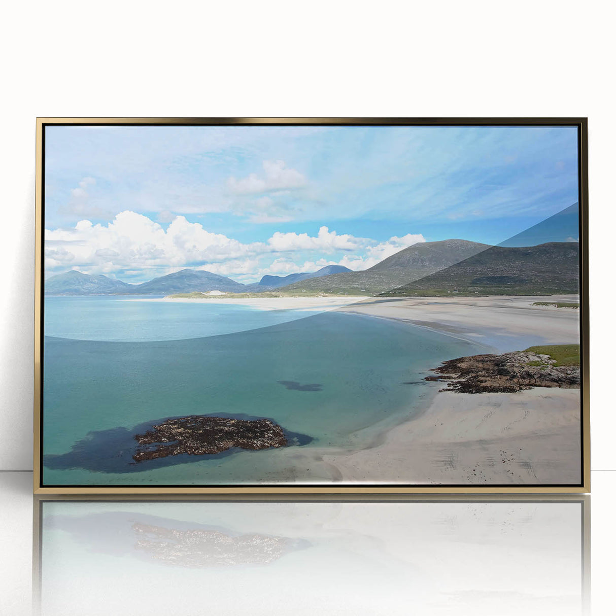 Framed acrylic wall art showcasing a stunning seascape design with a gold frame, perfect for enhancing modern home decor. Ideal for coastal-themed interiors.