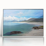 Framed acrylic wall art collection featuring vibrant seascape landscapes in a white frame, showcasing ocean waves and serene skies, ideal for modern home decor.