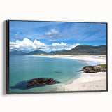 Framed canvas wall art showcasing a vibrant seascape design with calming blues and greens, set in a sleek black frame, perfect for modern home decor.