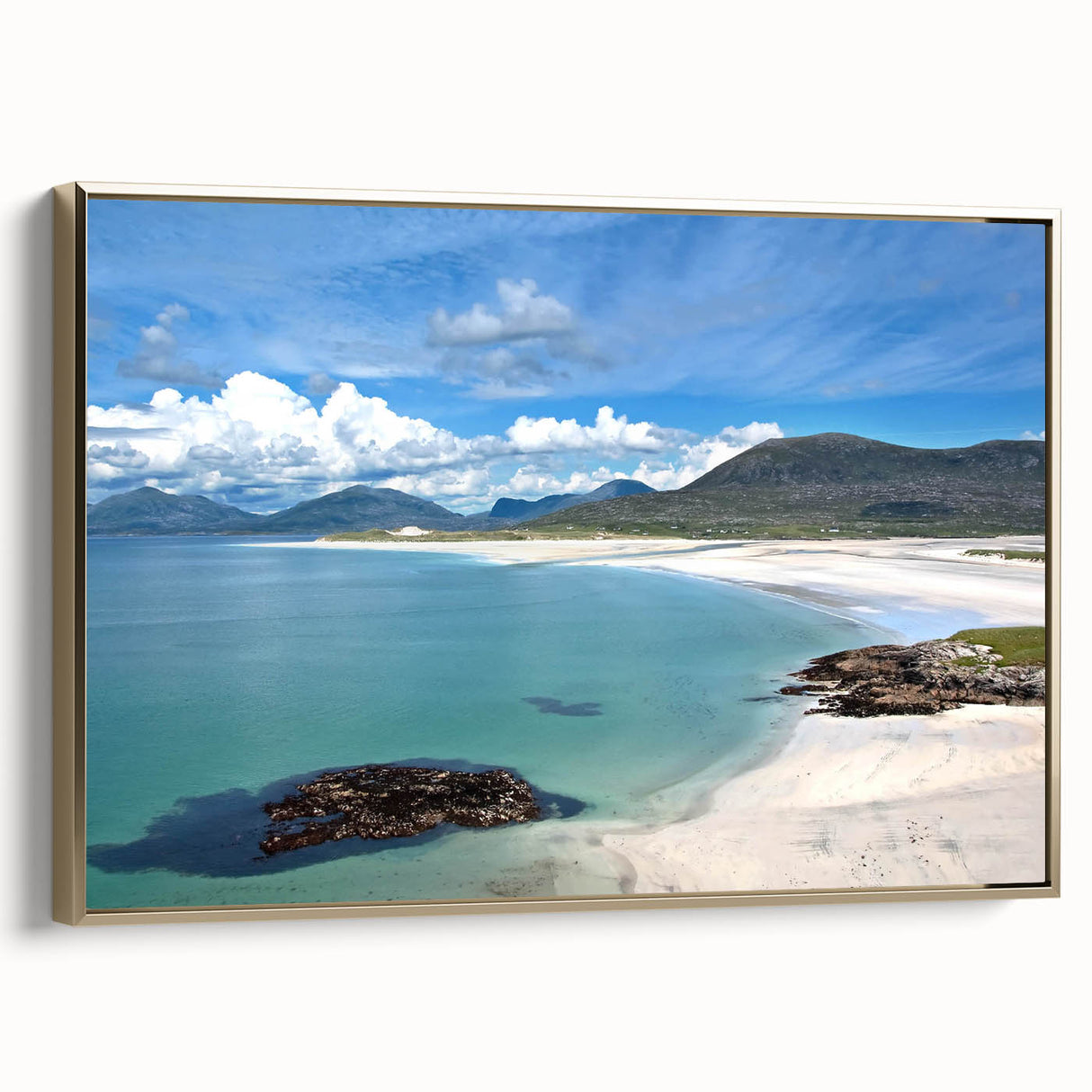 Framed canvas wall art collection showcasing abstract seascapes with gold accents, elegantly displayed from the side, ideal for modern home decor.