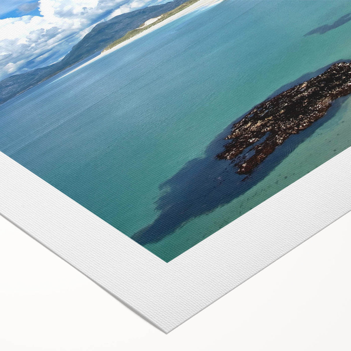Rolled canvas artwork showcasing a vibrant seascape design, featuring rich blues and greens, ideal for home decor. Comes securely packaged in a protective cardboard tube.