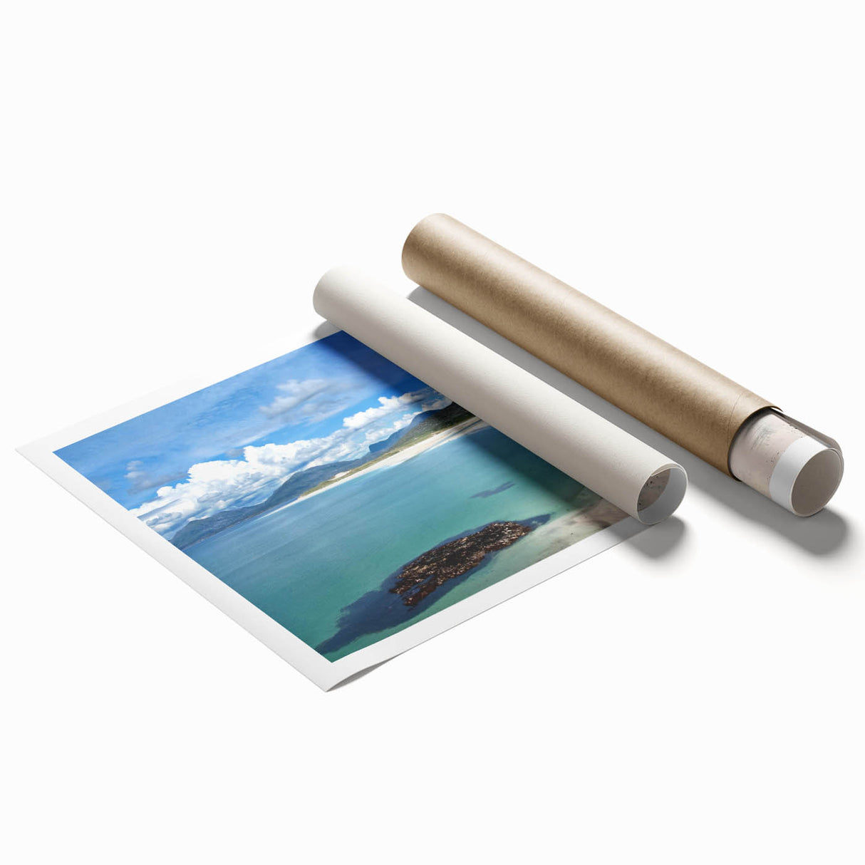 Vibrant rolled canvas print showcasing a serene seascape design, featuring soft blues and greens, perfect for coastal-themed decor. Packaged securely in a cardboard tube.
