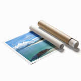 Vibrant rolled canvas print showcasing a serene seascape design, featuring soft blues and greens, perfect for coastal-themed decor. Packaged securely in a cardboard tube.
