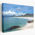 Stretched canvas wall art showcasing a serene seascape design with vibrant blues and soft whites, perfect for coastal-themed decor. Ideal for living spaces.