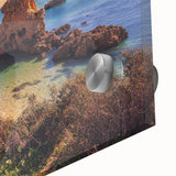 Close-up of a vibrant acrylic glass wall art piece showcasing a stunning seascape design, featuring rich blues and greens, ideal for modern coastal decor.