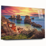 Acrylic glass wall art collection showcasing vibrant seascape landscapes in a modern design, viewed from the side, highlighting its sleek finish and contemporary appeal. Perfect for enhancing home decor with a touch of coastal elegance.