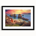 Framed black wall art collection showcasing serene landscapes and dynamic seascapes, elegantly matted for a sophisticated finish, ideal for home decor.