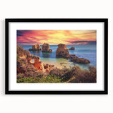 Framed black wall art collection showcasing serene landscapes and dynamic seascapes, elegantly matted for a sophisticated finish, ideal for home decor.
