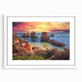 White-framed wall art collection showcasing vibrant seascapes and landscapes, designed with a mat for an elegant presentation, perfect for modern decor.