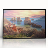 Framed acrylic wall art featuring a serene seascape design with vibrant colors, set against a sleek black frame, perfect for home decor. Ideal for coastal-themed interiors.