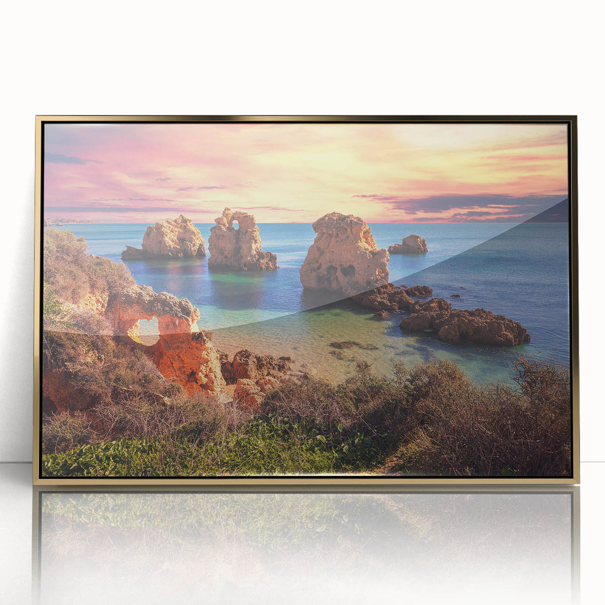 Framed acrylic wall art showcasing a stunning seascape design with vibrant blue tones and gold accents, perfect for enhancing modern interior decor.