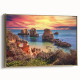 Framed canvas wall art showcasing a serene seascape design with vibrant blues and gold accents, ideal for coastal-themed home decor, viewed from the side.